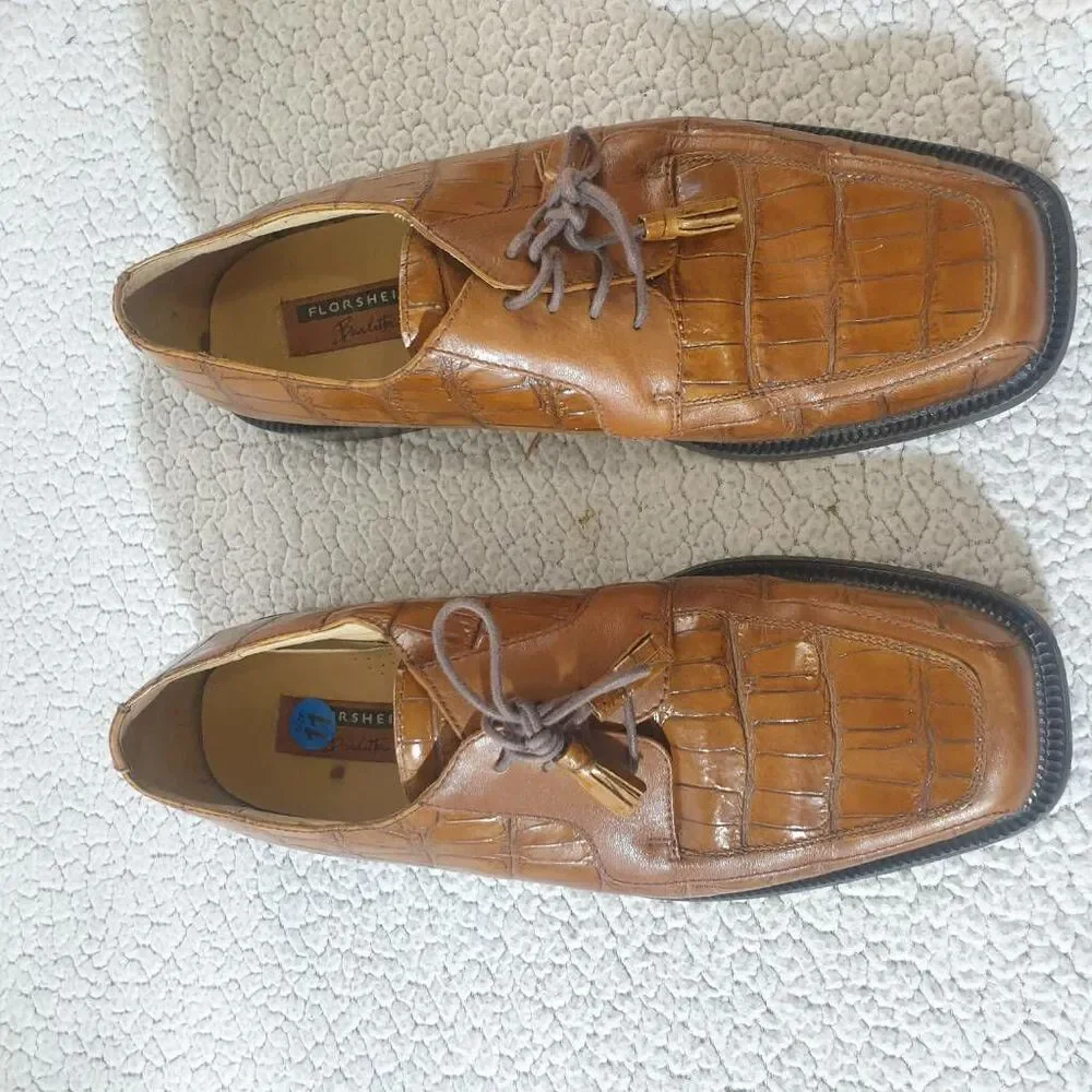 Florsheim Mens Barletta Derby Dress Shoes Brown Leather Crocodile Print 11D